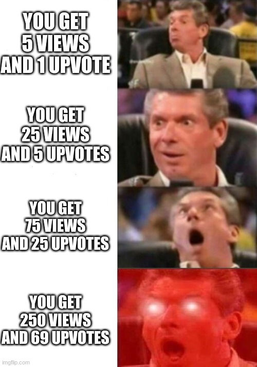 Mr. McMahon reaction | YOU GET 5 VIEWS AND 1 UPVOTE; YOU GET 25 VIEWS AND 5 UPVOTES; YOU GET 75 VIEWS AND 25 UPVOTES; YOU GET 250 VIEWS AND 69 UPVOTES | image tagged in mr mcmahon reaction | made w/ Imgflip meme maker