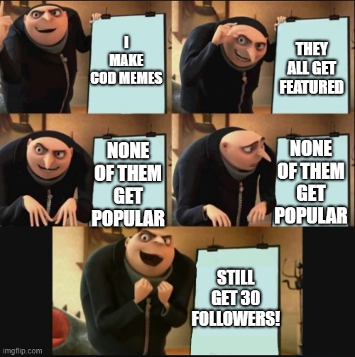 30 followers! thank you! | I MAKE COD MEMES; THEY ALL GET FEATURED; NONE OF THEM GET POPULAR; NONE OF THEM GET POPULAR; STILL GET 30 FOLLOWERS! | image tagged in 5 panel gru meme,followers,funny memes,cod related | made w/ Imgflip meme maker
