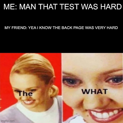 The What | ME: MAN THAT TEST WAS HARD; MY FRIEND: YEA I KNOW THE BACK PAGE WAS VERY HARD | image tagged in the what | made w/ Imgflip meme maker