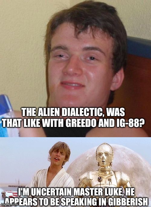 THE ALIEN DIALECTIC, WAS THAT LIKE WITH GREEDO AND IG-88? I'M UNCERTAIN MASTER LUKE, HE APPEARS TO BE SPEAKING IN GIBBERISH | image tagged in memes,10 guy,star wars - this r2 unit has a bad motivator look | made w/ Imgflip meme maker