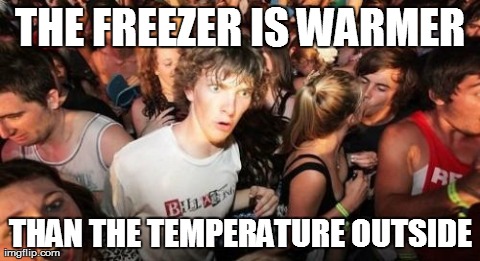 Sudden Clarity Clarence Meme | THE FREEZER IS WARMER THAN THE TEMPERATURE OUTSIDE | image tagged in memes,sudden clarity clarence | made w/ Imgflip meme maker