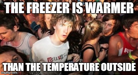 Sudden Clarity Clarence | THE FREEZER IS WARMER THAN THE TEMPERATURE OUTSIDE | image tagged in memes,sudden clarity clarence | made w/ Imgflip meme maker