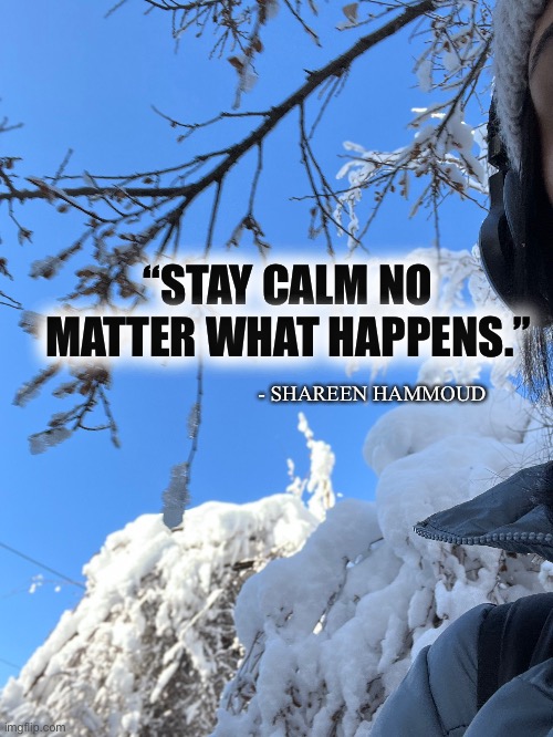 Calm |  “STAY CALM NO MATTER WHAT HAPPENS.”; - SHAREEN HAMMOUD | image tagged in memes,inspirational quotes,life,quotes,i love you,patience | made w/ Imgflip meme maker