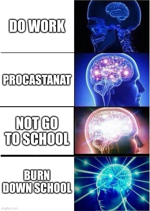 my brane at school | DO WORK; PROCASTANAT; NOT GO TO SCHOOL; BURN DOWN SCHOOL | image tagged in memes,expanding brain | made w/ Imgflip meme maker