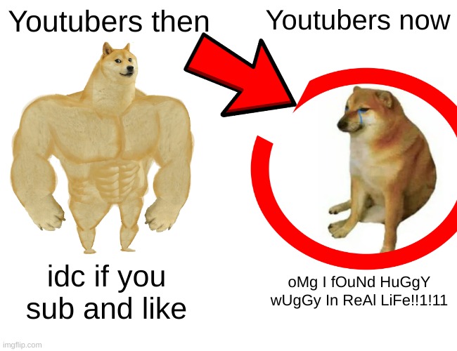 youtubers has to stop this | Youtubers then; Youtubers now; idc if you sub and like; oMg I fOuNd HuGgY wUgGy In ReAl LiFe!!1!11 | image tagged in buff doge vs cheems,youtubers | made w/ Imgflip meme maker