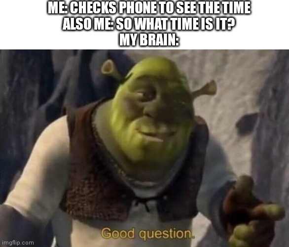 Anyone else relate? | ME: CHECKS PHONE TO SEE THE TIME
ALSO ME: SO WHAT TIME IS IT?
MY BRAIN: | image tagged in shrek good question,memes,funny,life,brain,shrek | made w/ Imgflip meme maker