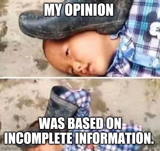 Boot On Head Kid | MY OPINION; WAS BASED ON INCOMPLETE INFORMATION. | image tagged in boot on head kid | made w/ Imgflip meme maker