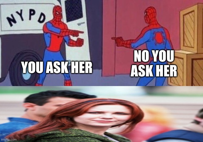 middle school kids | NO YOU ASK HER; YOU ASK HER | image tagged in spiderman pointing at spiderman | made w/ Imgflip meme maker