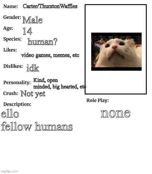 Trend | Carter/ThurstonWaffles; Male; 14; human? video games, memes, etc; idk; Kind, open minded, big hearted, etc; Not yet; none; ello fellow humans | image tagged in rp stream oc showcase,msmg | made w/ Imgflip meme maker