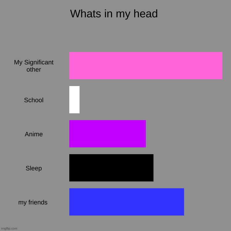 Whats in my head | My Significant other, School, Anime, Sleep, my friends | image tagged in charts,bar charts | made w/ Imgflip chart maker