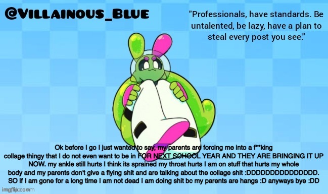 Ok before I go I just wanted to say, my parents are forcing me into a f**king collage thingy that I do not even want to be in FOR NEXT SCHOOL YEAR AND THEY ARE BRINGING IT UP NOW. my ankle still hurts I think its sprained my throat hurts I am on stuff that hurts my whole body and my parents don't give a flying shit and are talking about the collage shit :DDDDDDDDDDDDDDD. SO if I am gone for a long time I am not dead I am doing shit bc my parents are hangs :D anyways bye :DD | image tagged in vb | made w/ Imgflip meme maker