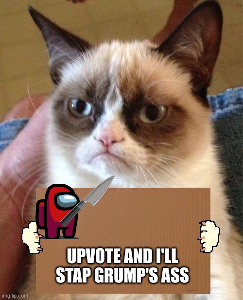 Grumpy Cat Cardboard Sign | UPVOTE AND I'LL STAP GRUMP'S ASS | image tagged in grumpy cat cardboard sign | made w/ Imgflip meme maker