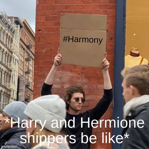 #Harmony; *Harry and Hermione shippers be like* | image tagged in memes,guy holding cardboard sign | made w/ Imgflip meme maker