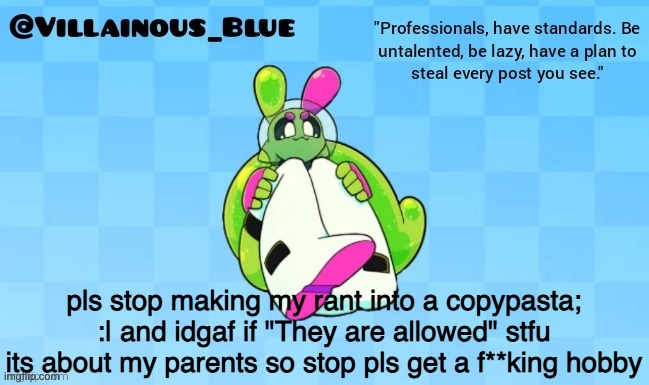 pls stop making my rant into a copypasta; :| and idgaf if "They are allowed" stfu its about my parents so stop pls get a f**king hobby | image tagged in vb | made w/ Imgflip meme maker