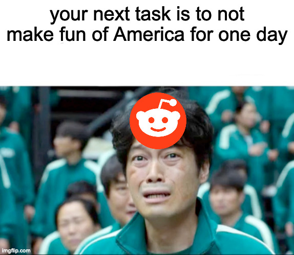 Your next task is to- | your next task is to not make fun of America for one day | image tagged in your next task is to- | made w/ Imgflip meme maker