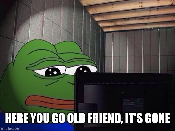 Sad Pepe at a computer | HERE YOU GO OLD FRIEND, IT'S GONE | image tagged in sad pepe at a computer | made w/ Imgflip meme maker