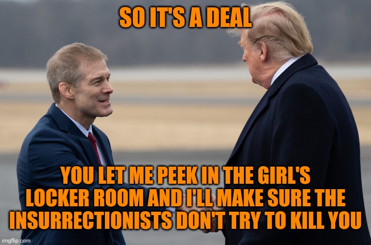 What the Meadows Texts don't tell you | SO IT'S A DEAL; YOU LET ME PEEK IN THE GIRL'S LOCKER ROOM AND I'LL MAKE SURE THE INSURRECTIONISTS DON'T TRY TO KILL YOU | image tagged in donald trump,miss teen usa,gym jordan,1/6,treason,that's how mafia works | made w/ Imgflip meme maker