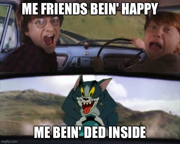 tom and harry potter | ME FRIENDS BEIN' HAPPY; ME BEIN' DED INSIDE | image tagged in tom and harry potter | made w/ Imgflip meme maker