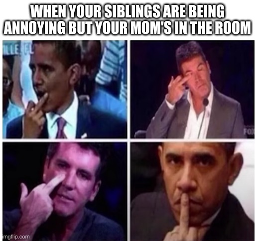 RaNdOm TiTlE | WHEN YOUR SIBLINGS ARE BEING ANNOYING BUT YOUR MOM'S IN THE ROOM | image tagged in blank white template | made w/ Imgflip meme maker