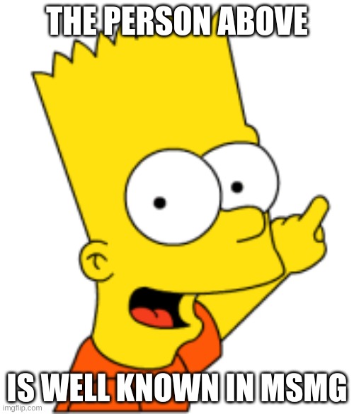 Bart Pointing Up | THE PERSON ABOVE; IS WELL KNOWN IN MSMG | image tagged in bart pointing up | made w/ Imgflip meme maker