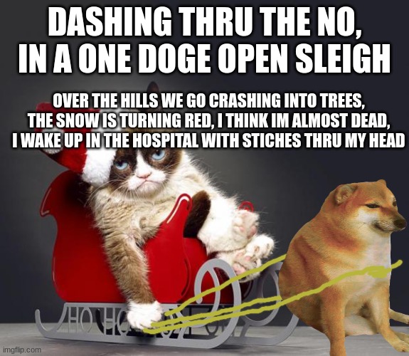  DASHING THRU THE NO, IN A ONE DOGE OPEN SLEIGH; OVER THE HILLS WE GO CRASHING INTO TREES, THE SNOW IS TURNING RED, I THINK IM ALMOST DEAD, I WAKE UP IN THE HOSPITAL WITH STICHES THRU MY HEAD | made w/ Imgflip meme maker