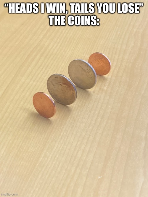 Kudos to my friend for managing this | “HEADS I WIN, TAILS YOU LOSE”
THE COINS: | made w/ Imgflip meme maker