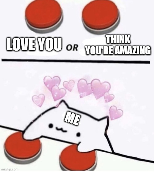 how about...both! | THINK YOU'RE AMAZING; LOVE YOU; ME | image tagged in cat pressing two buttons,wholesome | made w/ Imgflip meme maker