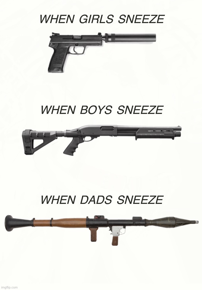 Time to Sneeze | WHEN GIRLS SNEEZE; WHEN BOYS SNEEZE; WHEN DADS SNEEZE | image tagged in funny,memes,sneezing,guns,girls vs boys,firearms | made w/ Imgflip meme maker