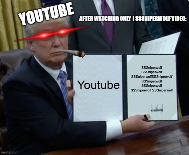 Trump Bill Signing Meme | YOUTUBE; AFTER WATCHING ONLY 1 SSSNIPERWOLF VIDEO:; Youtube; SSSniperwolf SSSniperwolf SSSniperwolfSSSniperwolf SSSniperwolf SSSniperwolf SSSniperwolf SSSniperwolf | image tagged in memes,trump bill signing,sssniperwolf,youtuber | made w/ Imgflip meme maker