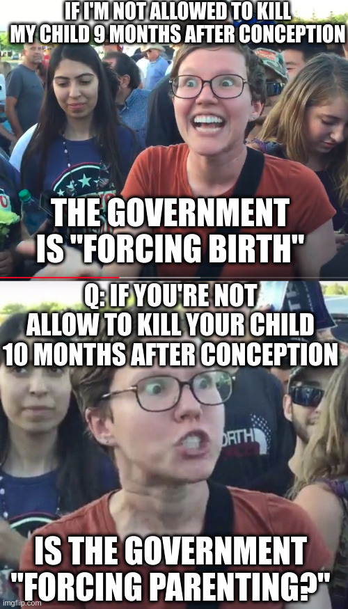Liberal logic is CRAZY | IF I'M NOT ALLOWED TO KILL MY CHILD 9 MONTHS AFTER CONCEPTION; THE GOVERNMENT IS "FORCING BIRTH"; Q: IF YOU'RE NOT ALLOW TO KILL YOUR CHILD 10 MONTHS AFTER CONCEPTION; IS THE GOVERNMENT "FORCING PARENTING?" | image tagged in triggered feminist,biden,abortion | made w/ Imgflip meme maker