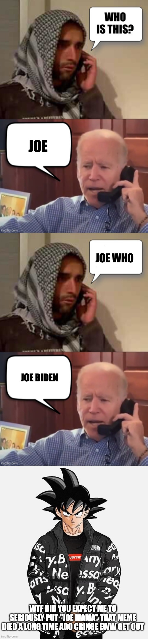JOE WHO JOE JOE BIDEN WTF DID YOU EXPECT ME TO SERIOUSLY PUT "JOE MAMA" THAT MEME DIED A LONG TIME AGO CRINGE EWW GET OUT | image tagged in drip goku | made w/ Imgflip meme maker