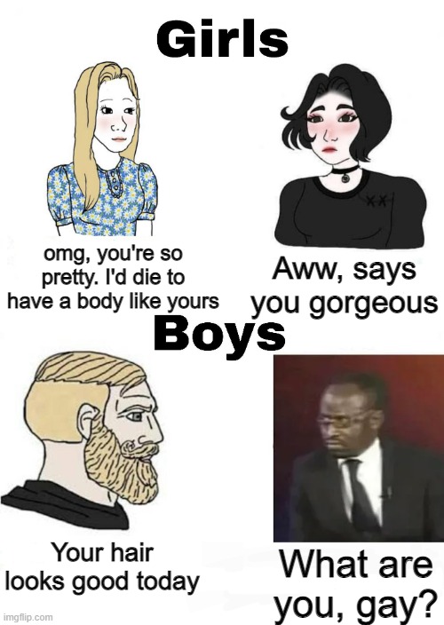 Girls vs Boys | omg, you're so pretty. I'd die to have a body like yours; Aww, says you gorgeous; Your hair looks good today; What are you, gay? | image tagged in girls vs boys,memes,funny,stereotypes | made w/ Imgflip meme maker