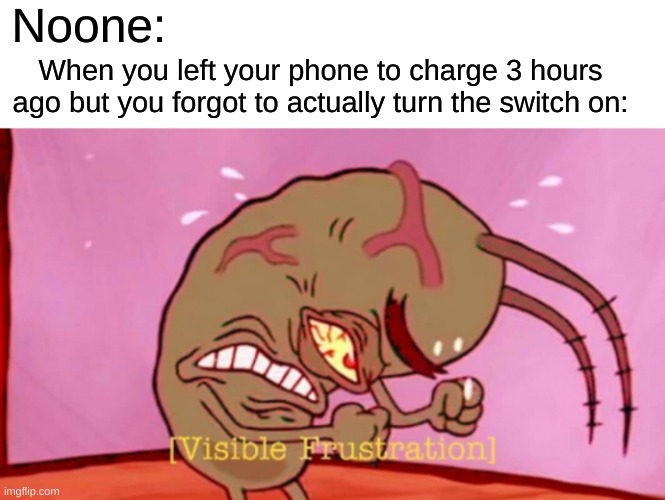 relatable? | Noone:; When you left your phone to charge 3 hours ago but you forgot to actually turn the switch on: | image tagged in cringin plankton / visible frustation | made w/ Imgflip meme maker