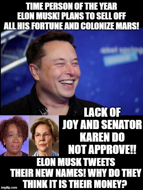 Awesome Elon Musk Renames Joy Reid and Senator Warren!!! | ELON MUSK TWEETS THEIR NEW NAMES! WHY DO THEY THINK IT IS THEIR MONEY? | image tagged in lol so funny,elon musk,karens,stupid liberals,communists | made w/ Imgflip meme maker