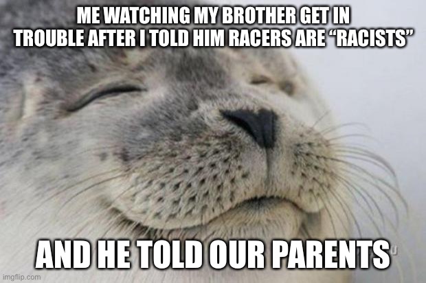 I’m not racist | ME WATCHING MY BROTHER GET IN TROUBLE AFTER I TOLD HIM RACERS ARE “RACISTS”; AND HE TOLD OUR PARENTS | image tagged in happy seal | made w/ Imgflip meme maker