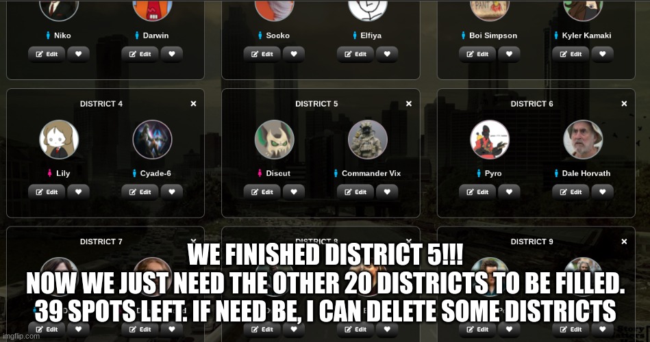 hunger games | WE FINISHED DISTRICT 5!!!
NOW WE JUST NEED THE OTHER 20 DISTRICTS TO BE FILLED.
39 SPOTS LEFT. IF NEED BE, I CAN DELETE SOME DISTRICTS | image tagged in gg | made w/ Imgflip meme maker