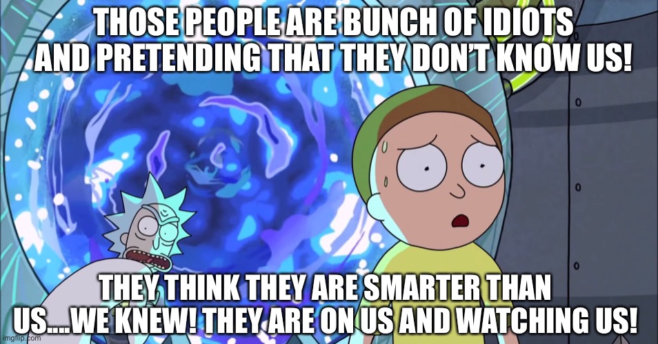 No private act | THOSE PEOPLE ARE BUNCH OF IDIOTS AND PRETENDING THAT THEY DON’T KNOW US! THEY THINK THEY ARE SMARTER THAN US....WE KNEW! THEY ARE ON US AND WATCHING US! | image tagged in rick and morty stargate,idiots,pretend,smart,watching | made w/ Imgflip meme maker
