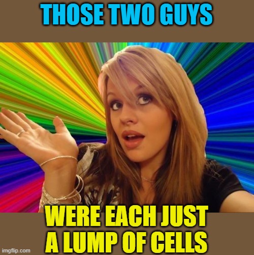 Dumb Blonde Meme | THOSE TWO GUYS WERE EACH JUST A LUMP OF CELLS | image tagged in memes,dumb blonde | made w/ Imgflip meme maker