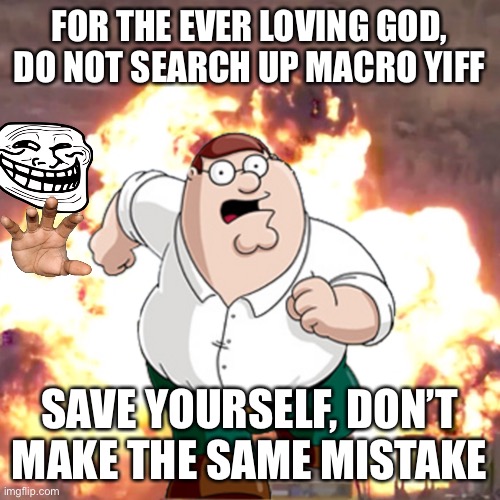 Run |  FOR THE EVER LOVING GOD, DO NOT SEARCH UP MACRO YIFF; SAVE YOURSELF, DON’T MAKE THE SAME MISTAKE | image tagged in peter g telling you not to do something,furry | made w/ Imgflip meme maker