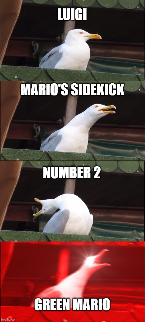 What I feel like when you call Luigi these 4 names | LUIGI; MARIO'S SIDEKICK; NUMBER 2; GREEN MARIO | image tagged in memes,inhaling seagull | made w/ Imgflip meme maker