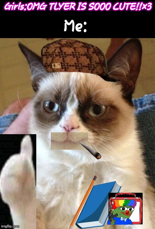 mmmmmmmmm | Girls:OMG TLYER IS SOOO CUTE!!×3; Me: | image tagged in memes,grumpy cat | made w/ Imgflip meme maker