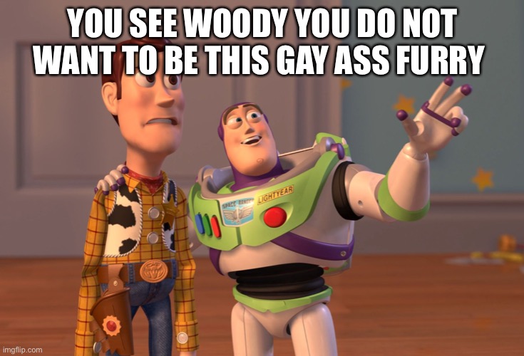 YOU SEE WOODY YOU DO NOT WANT TO BE THIS GAY ASS FURRY | image tagged in memes,x x everywhere | made w/ Imgflip meme maker
