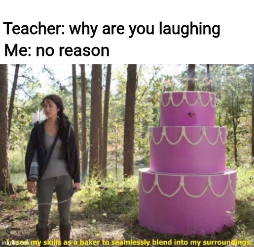Idek what to do for the title :/ |  Teacher: why are you laughing; Me: no reason | image tagged in hunger games | made w/ Imgflip meme maker