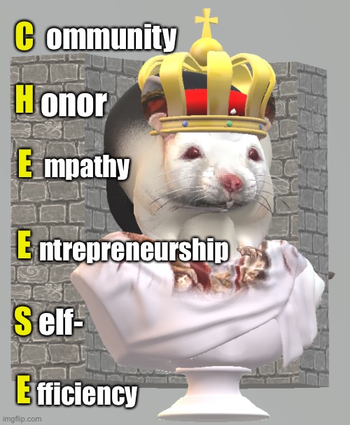 RatKingOfNT | C; ommunity; H; onor; E; mpathy; ntrepreneurship; E; S; elf-; E; fficiency | image tagged in ratkingofnt | made w/ Imgflip meme maker