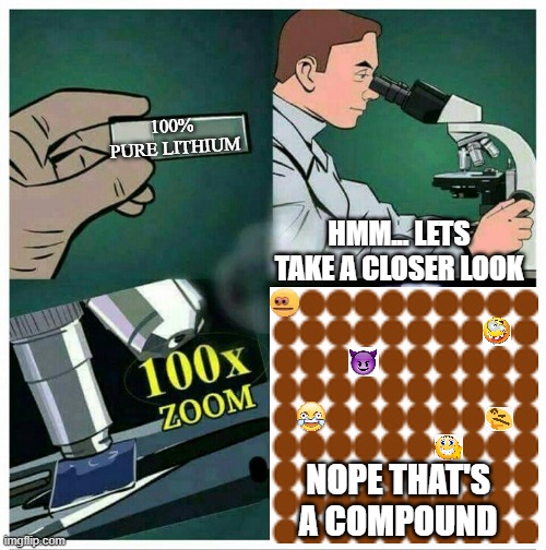Chem Meme - Elements and Compounds | 100% 
PURE LITHIUM; HMM... LETS TAKE A CLOSER LOOK; NOPE THAT'S A COMPOUND | image tagged in microscope 100x zoom | made w/ Imgflip meme maker