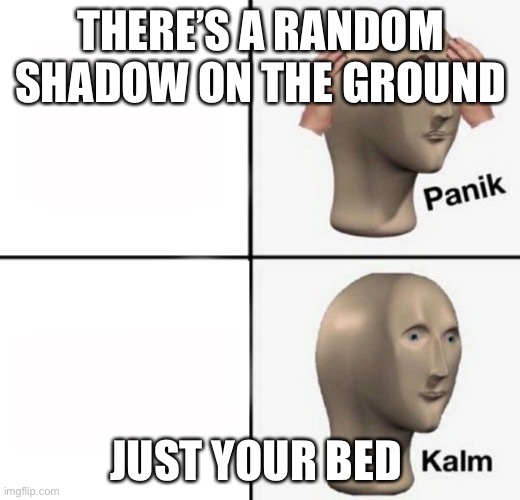 panik kalm | THERE’S A RANDOM SHADOW ON THE GROUND JUST YOUR BED | image tagged in panik kalm | made w/ Imgflip meme maker
