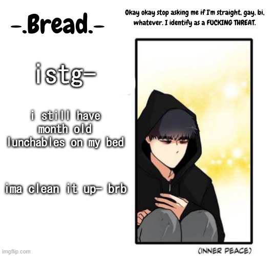 .-. | istg-; i still have month old lunchables on my bed; ima clean it up- brb | image tagged in breads inner peace temp | made w/ Imgflip meme maker