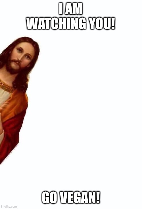 jesus is watching you | I AM WATCHING YOU! GO VEGAN! | image tagged in jesus is watching you | made w/ Imgflip meme maker