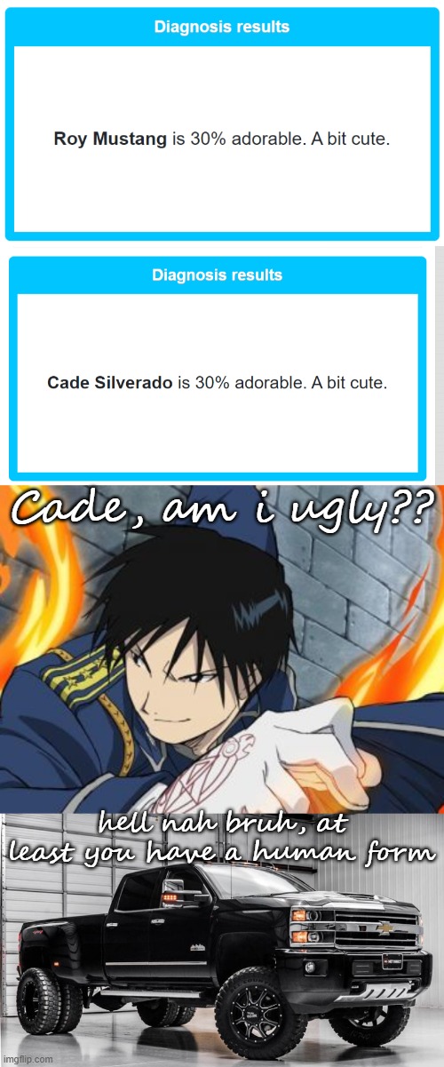 even straight guys don't think roy is ugly. to me he looks like the guy who puts an LSX in his mom's minivan | Cade, am i ugly?? hell nah bruh, at least you have a human form | image tagged in colonel roy mustang,another silverado cuz why not | made w/ Imgflip meme maker