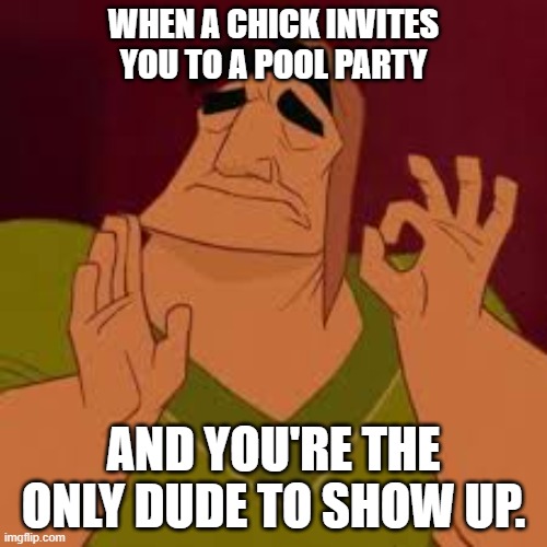 Pool Party | WHEN A CHICK INVITES YOU TO A POOL PARTY; AND YOU'RE THE ONLY DUDE TO SHOW UP. | image tagged in when it hits just perfect | made w/ Imgflip meme maker